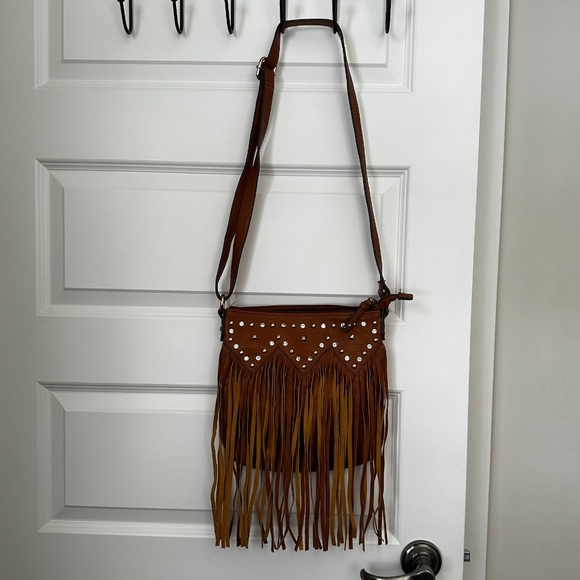 LaTique Crossbody Bag with Fringe and Rhinestones 9x9" - Picture 2 of 12